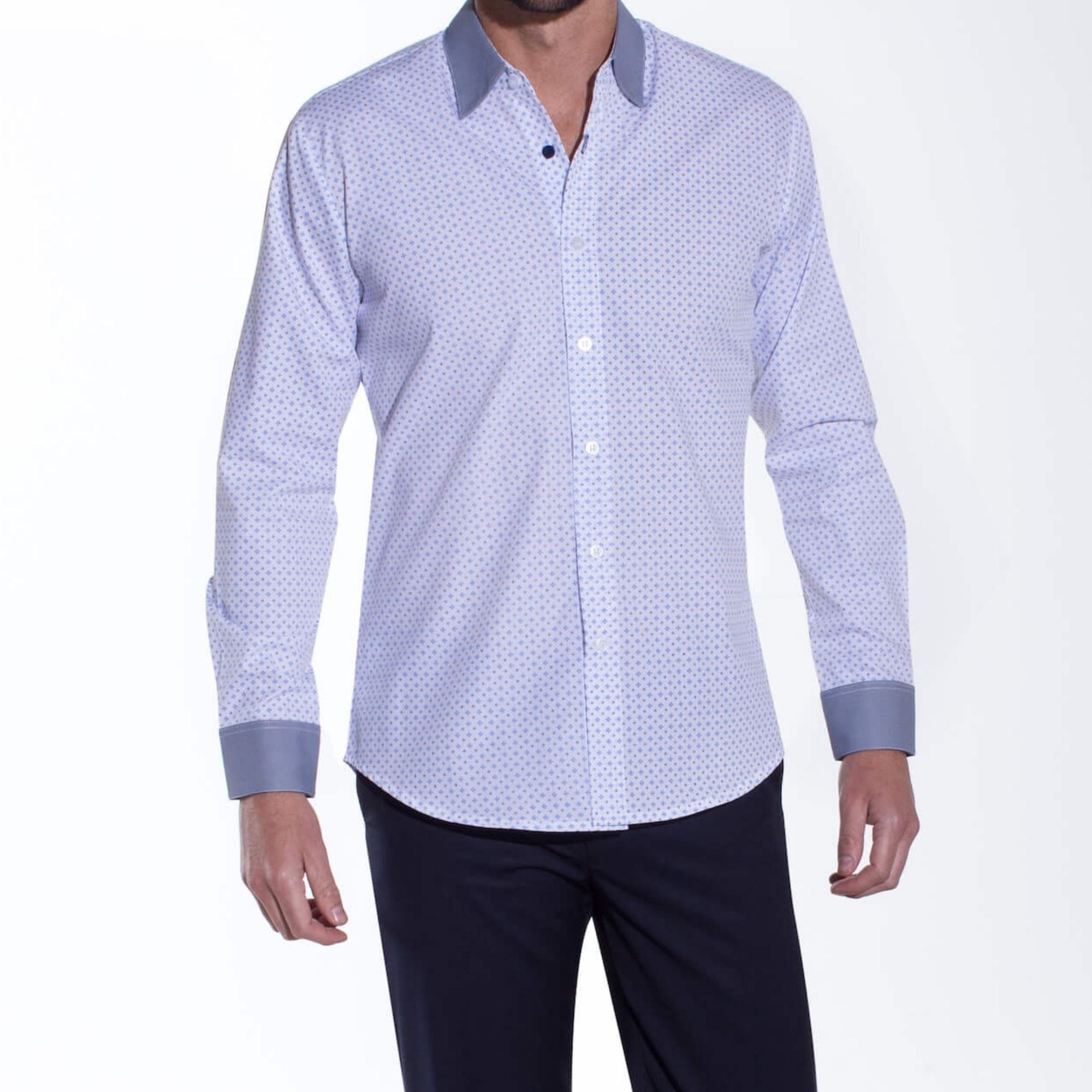 CAMISA BLANCA ESTAMPADO AZUL PASTEL – OUTLET GB